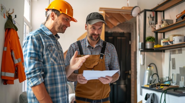 two construction workers reviewing blueprints inside modern home renovation project discussing pla 715671 16861
